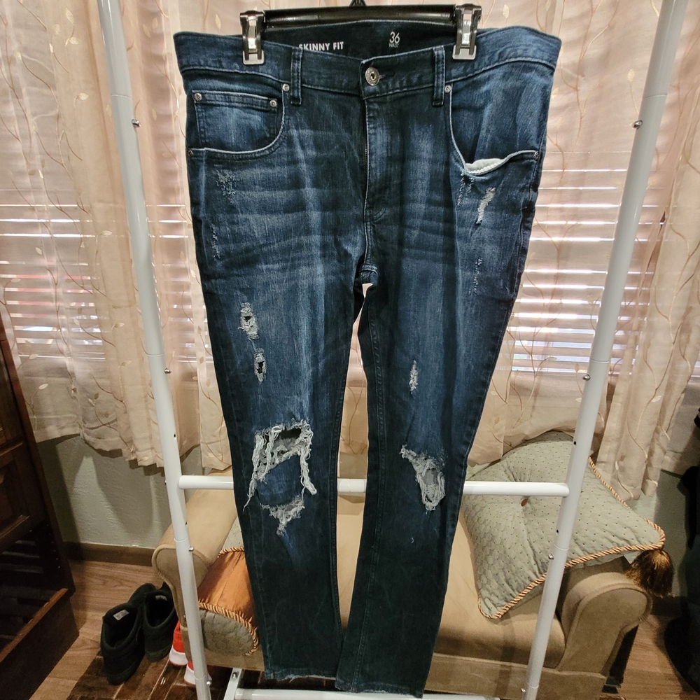 INC International Concepts Men's Dark Blue Distressed Skinny Jeans